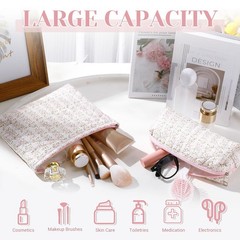 Paterr 2 Pcs Cotton Quilted Makeup Bag Set Coquette Pink Rectangle,