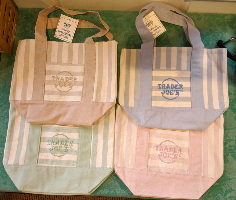 Trader Joe’s Mini Pastel Stripe Canvas Tote Bag Set Of 4 NWT green blue tan pink