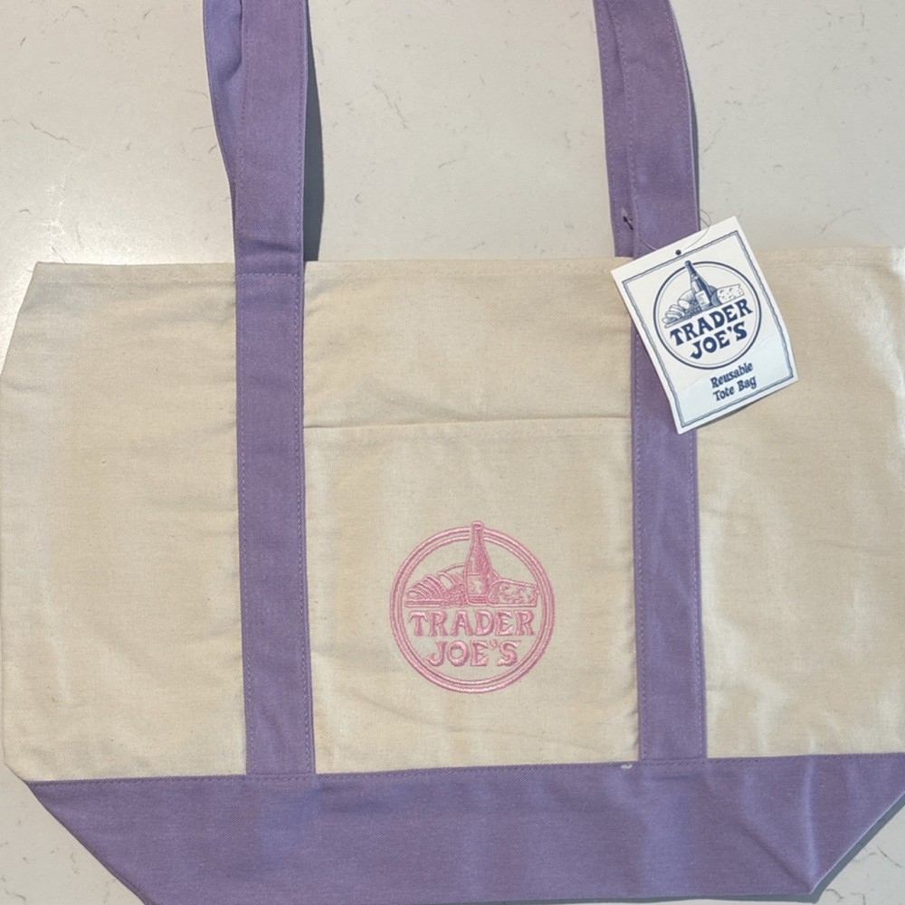 Authentic Lavender Trader Joe’s Reusable Tote Bag Beige Purple