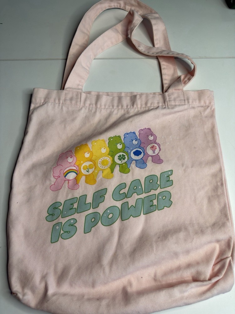 Pink Canvas Care Bears Self Care Is Power Foldable Reusable Tote Bag 15x8x16 in