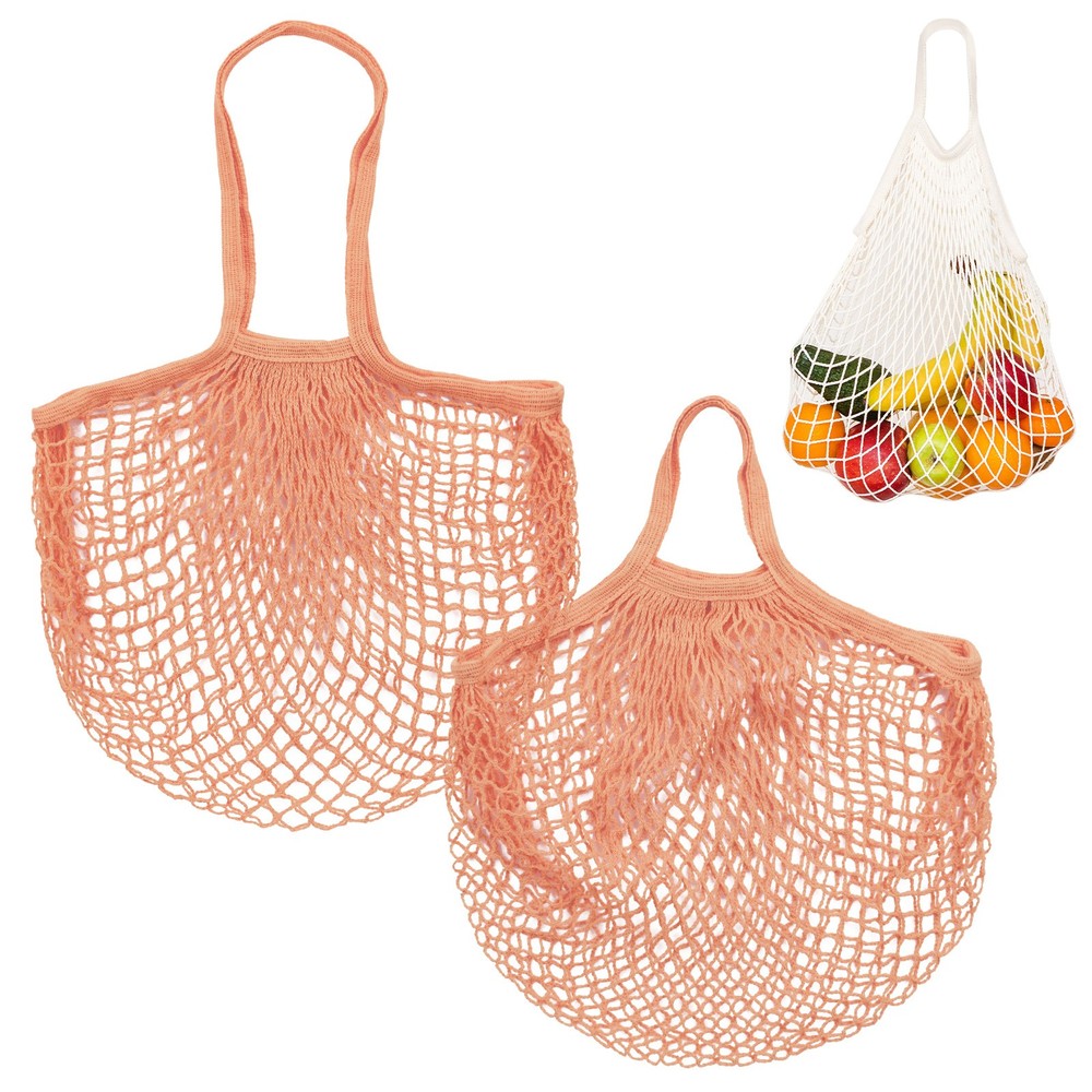 2-Pack Reusable Mesh Net String Grocery Bags [Pink Brown,Long&Short Handle]