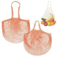 2-Pack Reusable Mesh Net String Grocery Bags [Pink Brown,Long&Short Handle]