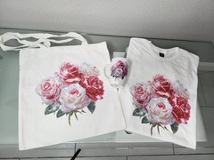 Foldable Canvas Reusable Shopping Bag White Pink Red Floral Print