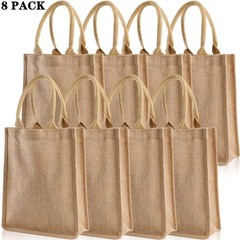 8-Pack 9.8×11.8×3.9″ Jute Burlap Tote Bags with Handles Jute Beach Bags