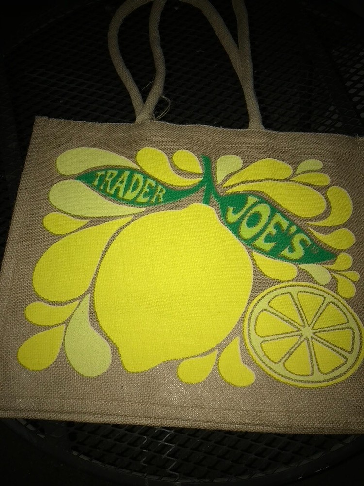 Trader Joe’s Lemon Lime Tote Reusable Jute Burlap Shopping Bag Shopper Beach