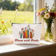 VACNKOCY Bloom with Books Makeup Bag – Linen Cosmetic Pouch small, colorful