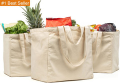 Veramia Canvas Grocery Bag 3Pc XL Set with Real Pockets, Long Shoulder Strap and
