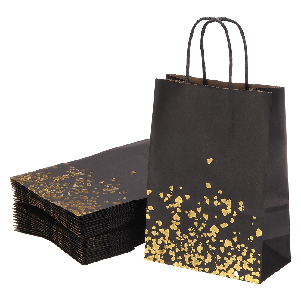 24Pcs Kraft Gift Bags with Handles Bulk, Black Gold Heart Party Favor Bags