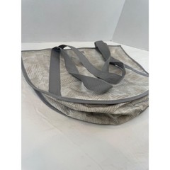 Thirty-One Round Utility Tote Bag Tan Gray Geometric Print Mesh Pocket Organizer