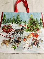 Christmas Shopping Bag Reusable Tote DOGS With Santa Sleigh