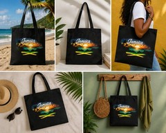 Eco-Friendly Canvas Tote Bag Black Multicolor All-Over Pattern Foldable 15x13in