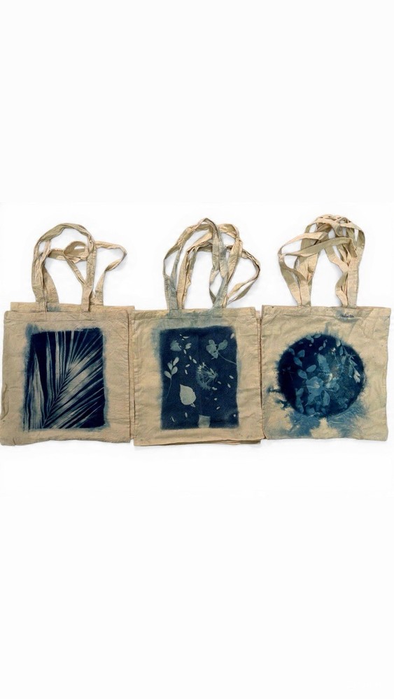 Handmade Cyanotype Botanical Tote Bag – Sun Printed with Real Leaves & Flowers