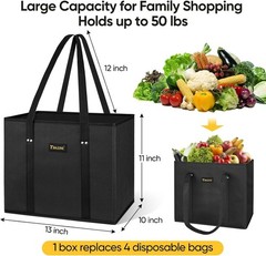 3Pk Black Reusable Foldable Grocery Bags with Reinforced Bottom & Handles