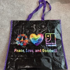 “Peace Love And Goodwill” Large Reusable Shopping Tote Bag Rainbow Colors Black