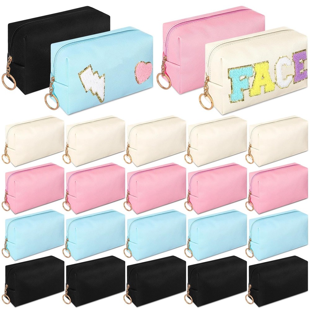 24 Pcs Preppy Makeup Bag PU Leather Cosmetic Bag Bulk Makeup Plain Pouch Waterpr
