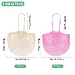 2-Pack Reusable Washable Mesh Net String Grocery Bags [Cream, Pink,Long Handle]