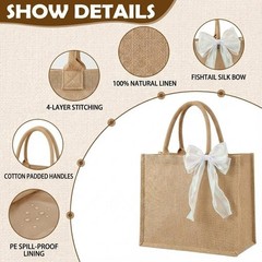 10 Pack Burlap Jute Tote Bags with Handles, 15 x 6 x 12 Inch Waterproof PE Li…