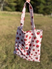 Reusable Strawberry Print Tote Bag Pink Red Green All-Over Pattern Shopping