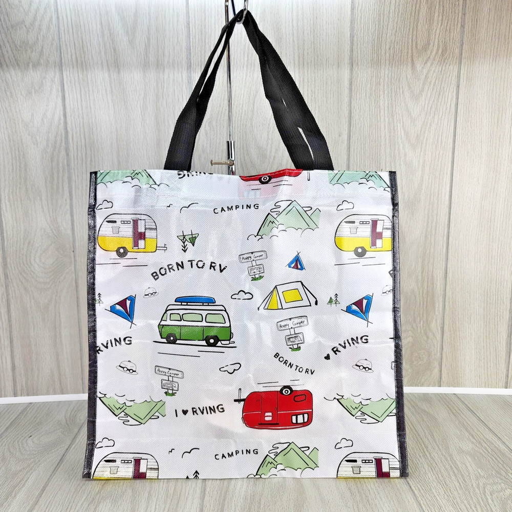 Born to RV Campground Reusable Shopping Bag 14×14 Camping Tent Theme Rving
