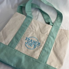 Trader Joe’s Mini Canvas Tote bag pastel green with blue embroidered logo