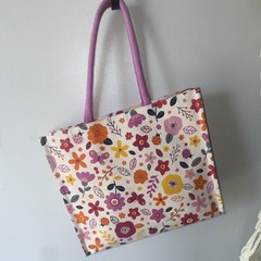 Floral Canvas Reusable Shopping Bag Medium Foldable Pink Handles Modern