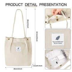 Corduroy Tote Bag for Women Canvas Shoulder Cord Purse with Inner Pocket（Beige）