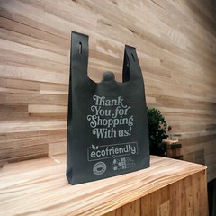 650 pcs Non-Woven Reusable T-Shirt Thank You Black Grocery Bag Heavy Duty 45GSM