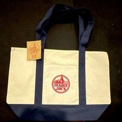 Trader Joe’s Foldable Canvas Reusable Tote Bag Beige Navy Blue Solid Grocery