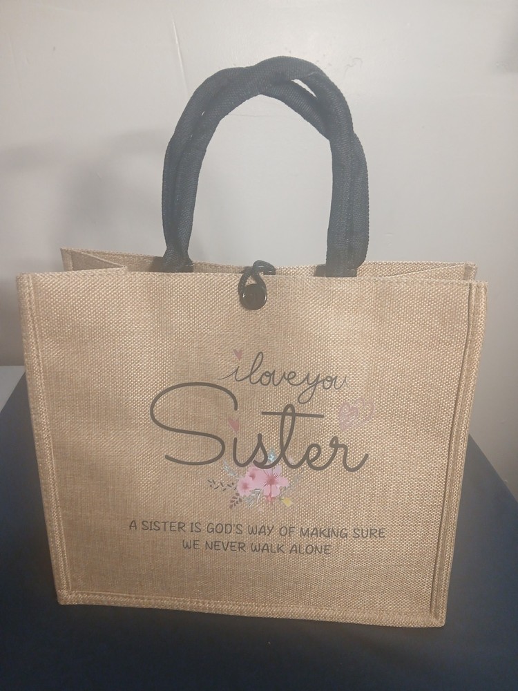 Foldable Jute Reusable Shopping Bag, Floral, Beige Black, Sister Quote