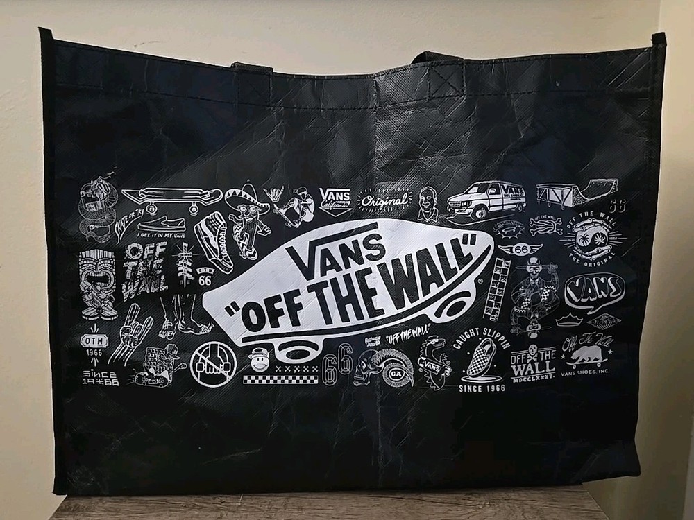 Vans Off The Wall Large Black Reusable Shopping Tote Bag 18x13x6 Open Bag