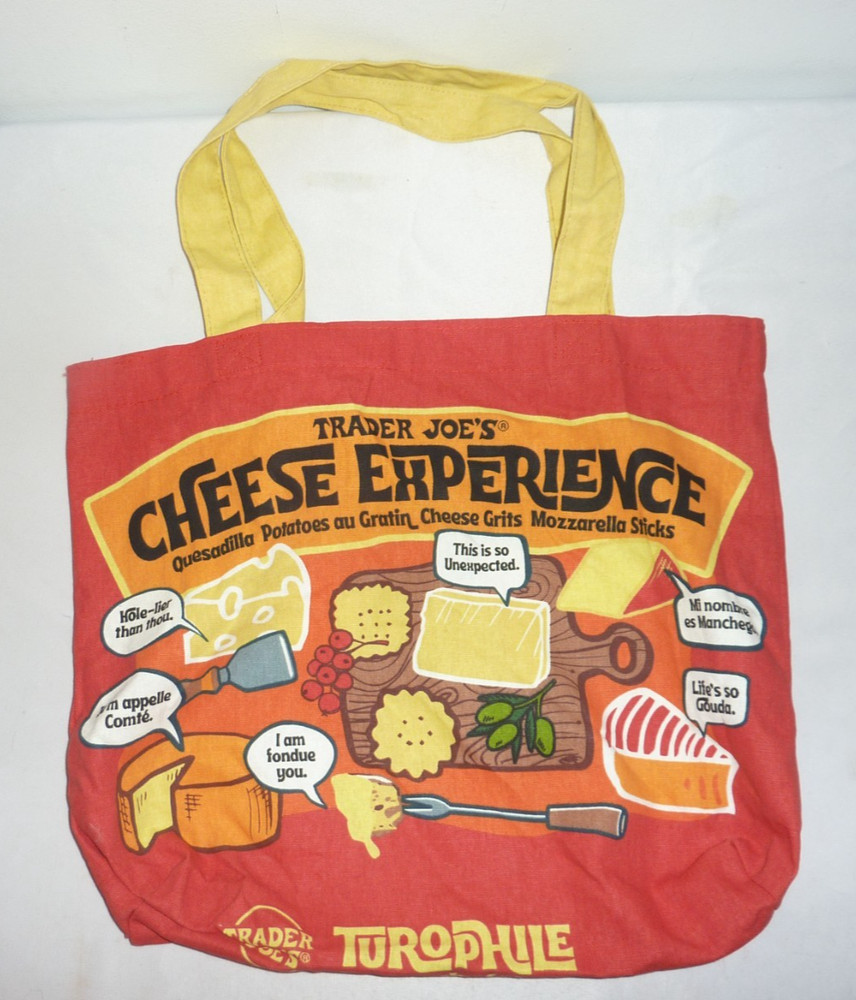 TRADER JOES Canvas Reusable Shopping Tote Bag “Cheese” Red Yellow Market