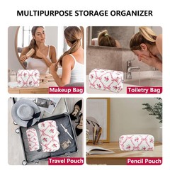 URSKYTOUS 2Pcs Cotton Quilted Makeup Bag for Women Girls Coquette Pink Bow