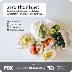 LEAFICO Reusable Produce Bags – 100% Small (8×10″) – 6 Bags, Natural Cotton