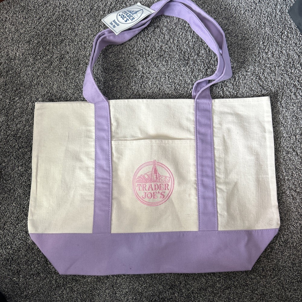 Trader Joe’s Lavender Large Canvas Tote Bag Reusable Grocery Beach Bag NEW