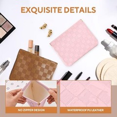 2-Pack Small Waterproof Checkered Makeup Bag – Portable Leather Pink&Brown