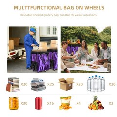 (Medium, Purple) Reusable Grocery Bag on 4 Wheels, Foldable Rolling Tote Carries