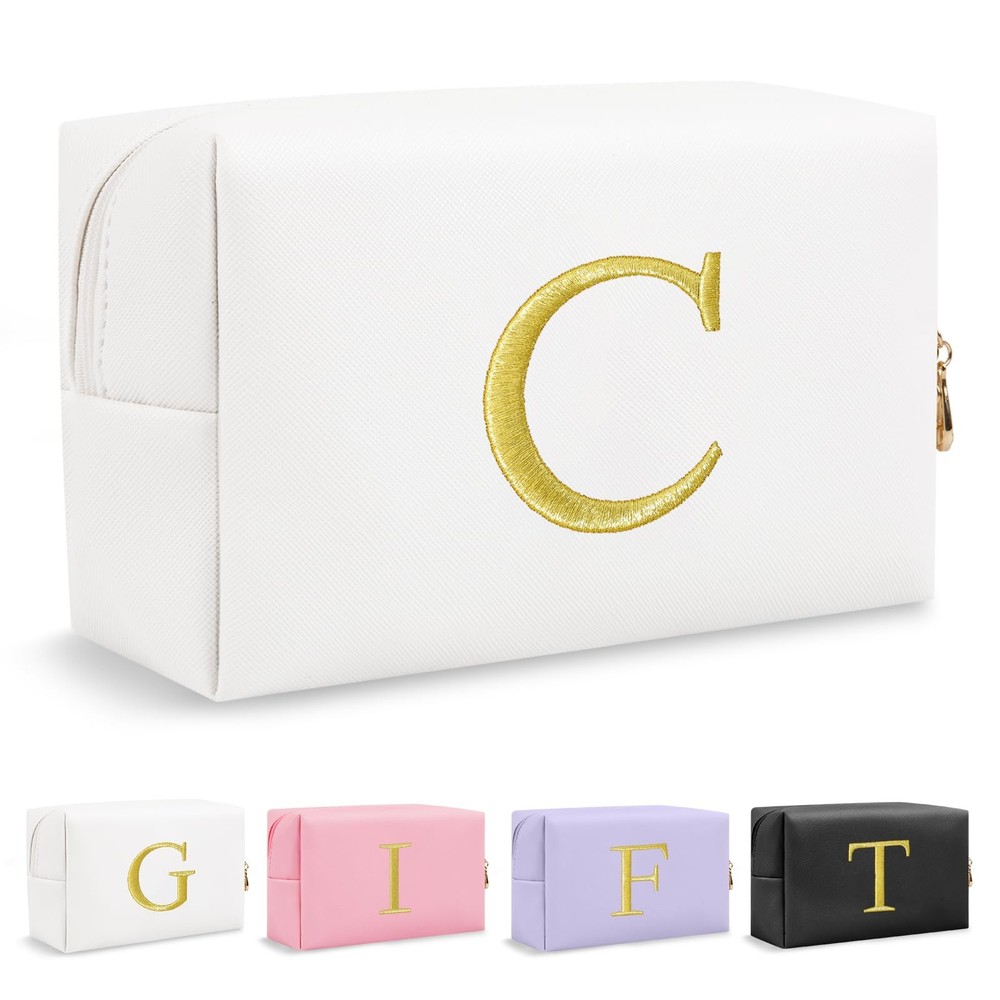 Personalized Gift Initial Makeup Bag,Preppy Gold Embroidered Letter C, White