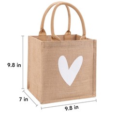 6 Pack Burlap Tote Bags with Handles Only One White Heart Printed Reusable Ju…