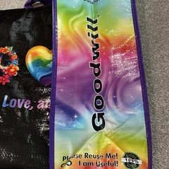 “Peace Love And Goodwill” Large Reusable Shopping Tote Bag Rainbow Colors Black
