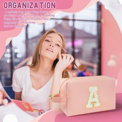 WEMVP Personalized Initial Makeup Bag with Handle, Preppy Cosmetic Pink