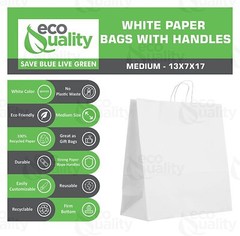 13x7x17 Medium Kraft White Paper Shopping Bags with Twine Handles Reusable 500pc