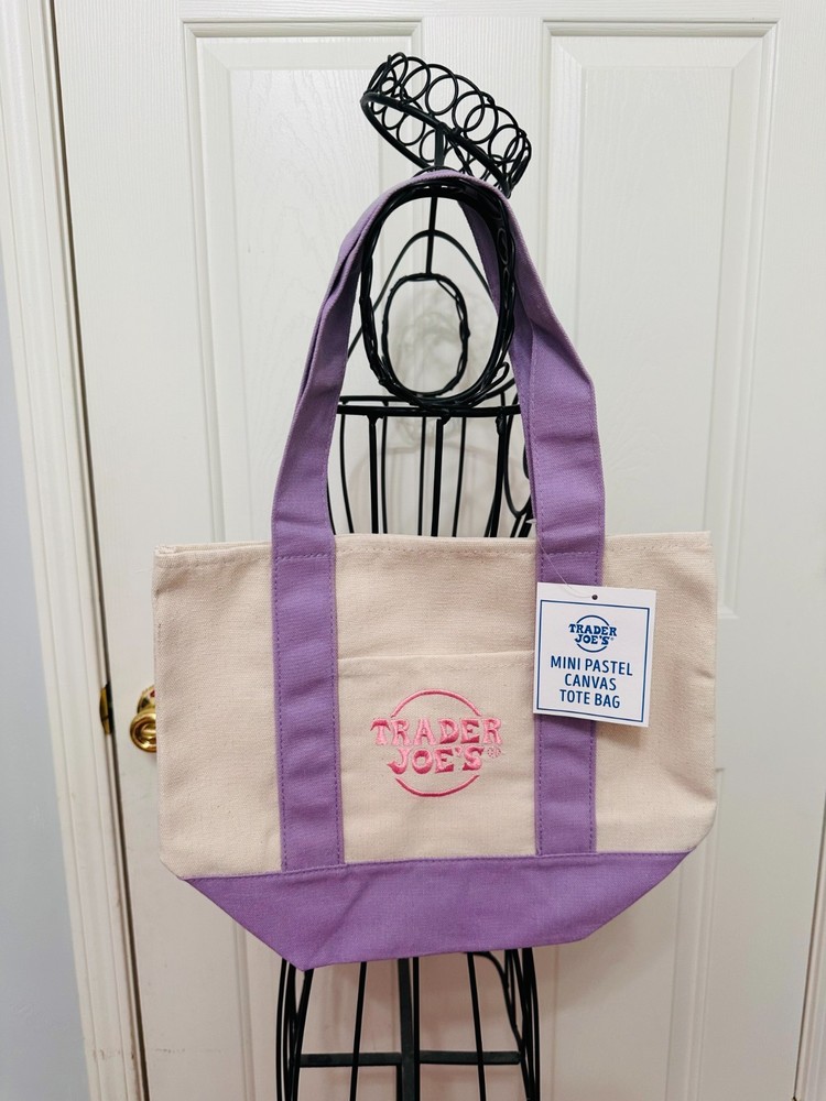 TIK TOK FAMOUS TRADER JOE’S PASTEL SPRING MINI CANVAS TOTE BAG LIGHT PURPLE