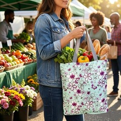 Reusable Grocery Bags with Zipper Foldable Tote Bags Shopping Kitchen Bag