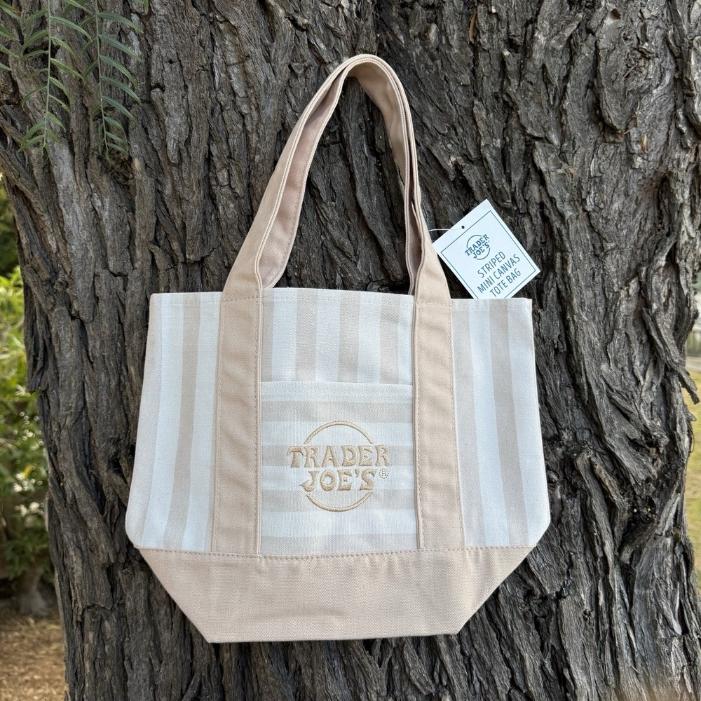 Trader Joe’s Striped Mini Canvas Tote Bag Tan Beige Brown Summer 2026 Limited