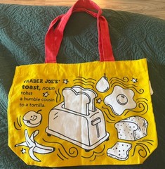 Trader Joes Reusable Canvas Shopping Tote Bag Breakfast Waffles Toast Yellow New