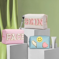 GEMLORD 3 Pieces Preppy Patch Makeup Bag, Small Chenille Letter Cosmetic PINK