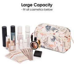 Narwey Women Makeup Bag Wide-open Make up Travel Y-Beige Flamingo