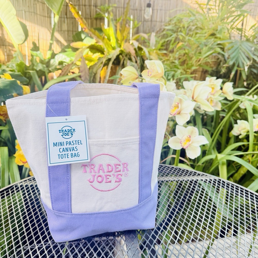 Trader Joe’s Mini Pastel Foldable Canvas Tote Bag Purple Beige Small