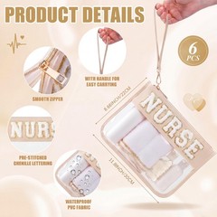 Sunnymove 6 Pcs Nurse Makeup Bag, Chenille Letter Patch Nylon Nurse, Beige
