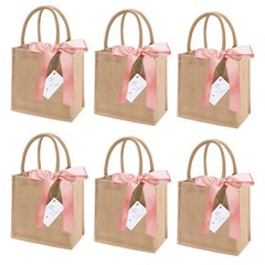 Burlap Tote Bags 6 Pack Reusable Mini Jute Handle Pink Ribbon Wedding Favor